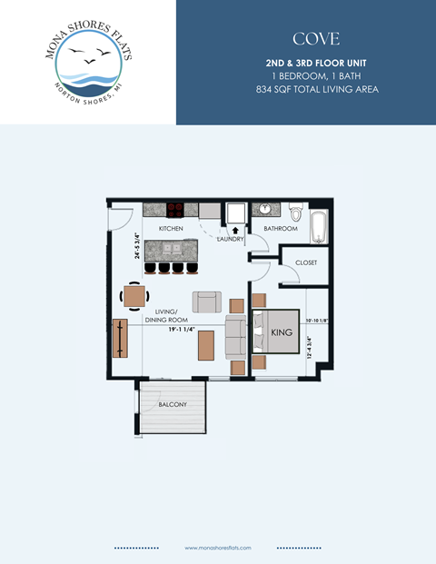 Floor plan for 1 bed, 1 bath, 834 sqft